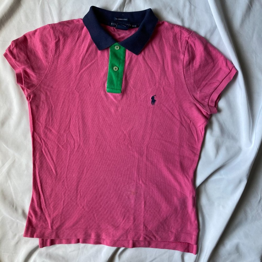 Ralph Lauren Skinny Polo Shirt Short Sleeves Pink Navy Green Women Medium